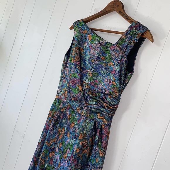 Vintage 1950s Jacquard Metallic Lamé Bombshell Evening Gown Low Back Asymmetric - Picture 6 of 10